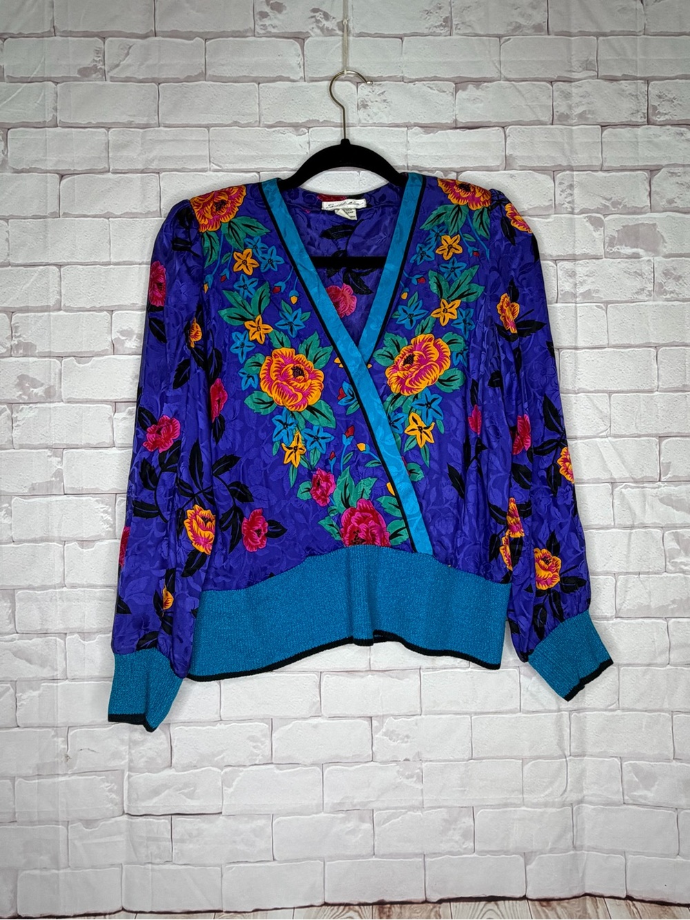 Vintage Silkline 100% Silk Floral Blouse Women’s 8P Purple Teal Statement Top